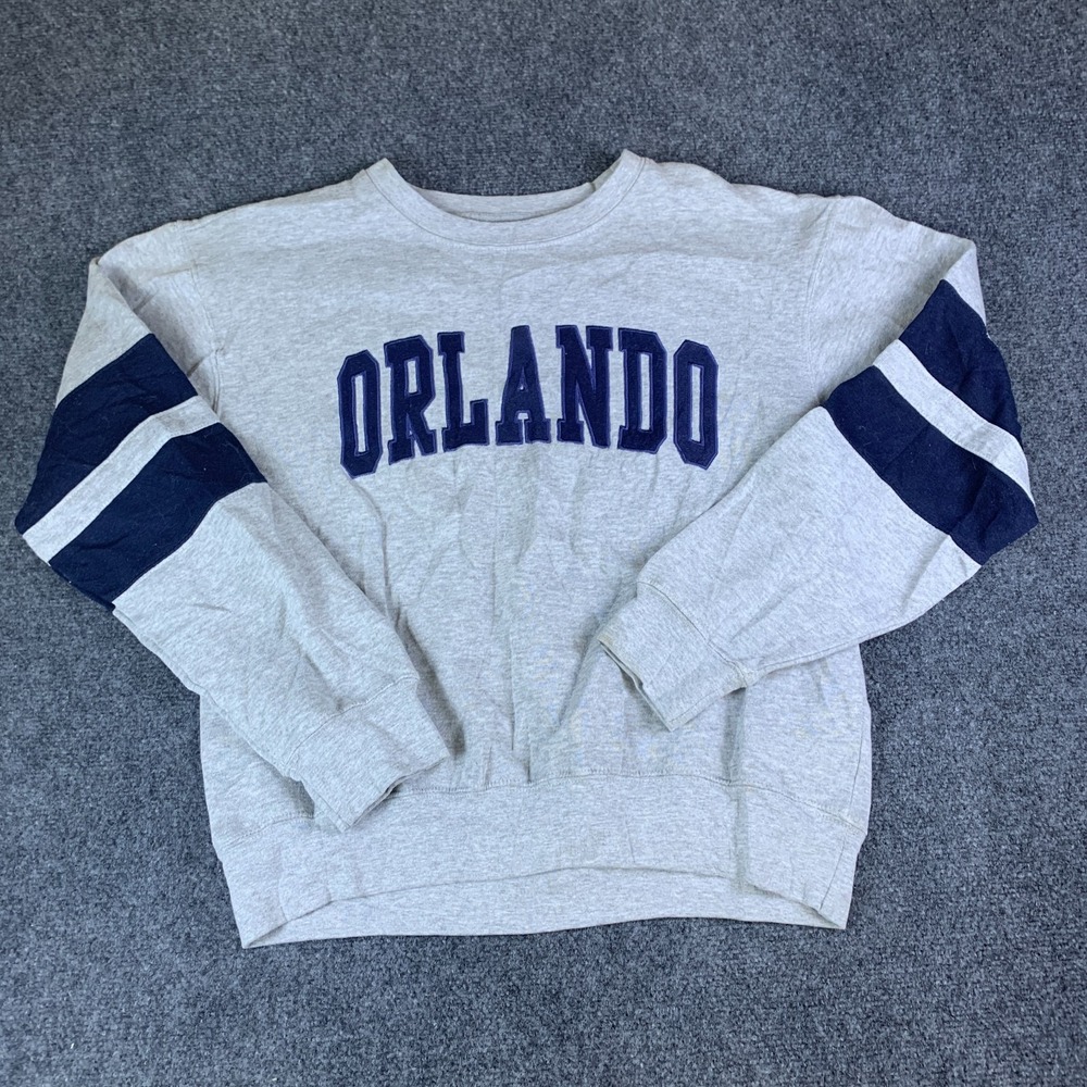 New York Popular Orlando Theme Park Sweatshirt Mens Large Gray Navy Striped